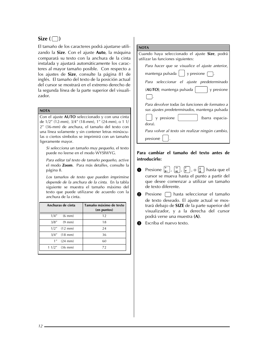 Size ( ) | Brother PT-9400 User Manual | Page 121 / 150