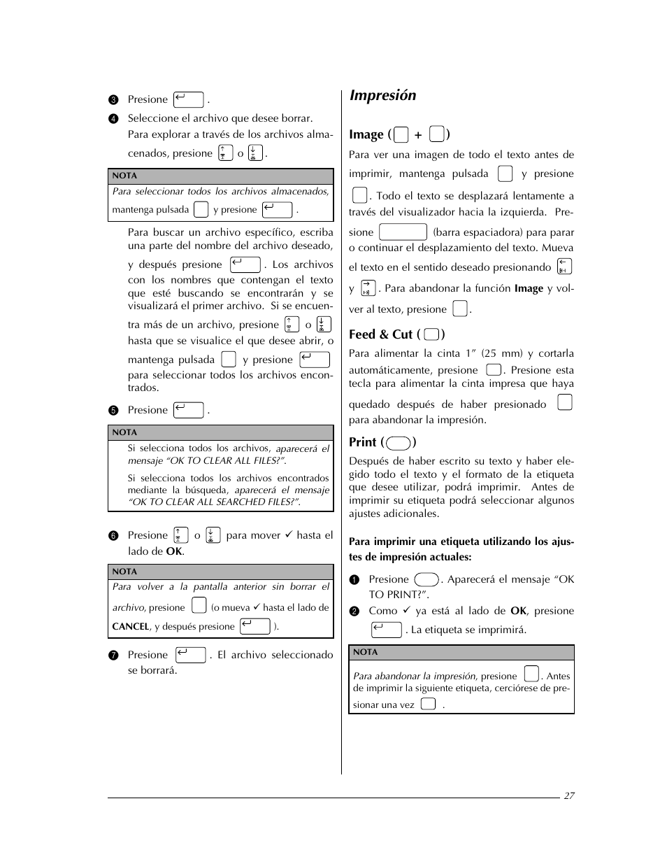 Impresión, Y 27, Image ( + ) | Feed & cut ( ), Print ( ) | Brother PT-9400 User Manual | Page 136 / 150