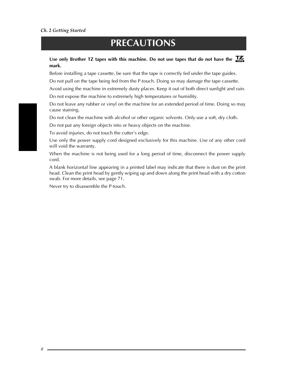 Precautions | Brother PT-9400 User Manual | Page 15 / 150