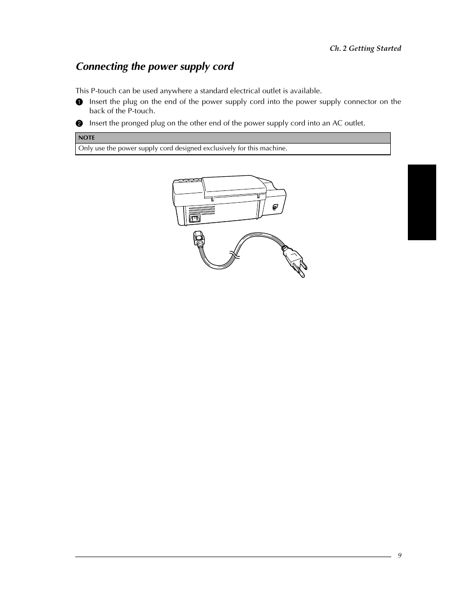 Connecting the power supply cord, Ch. 2 getting started, Gett in g s ta rte d | Brother PT-9400 User Manual | Page 16 / 150