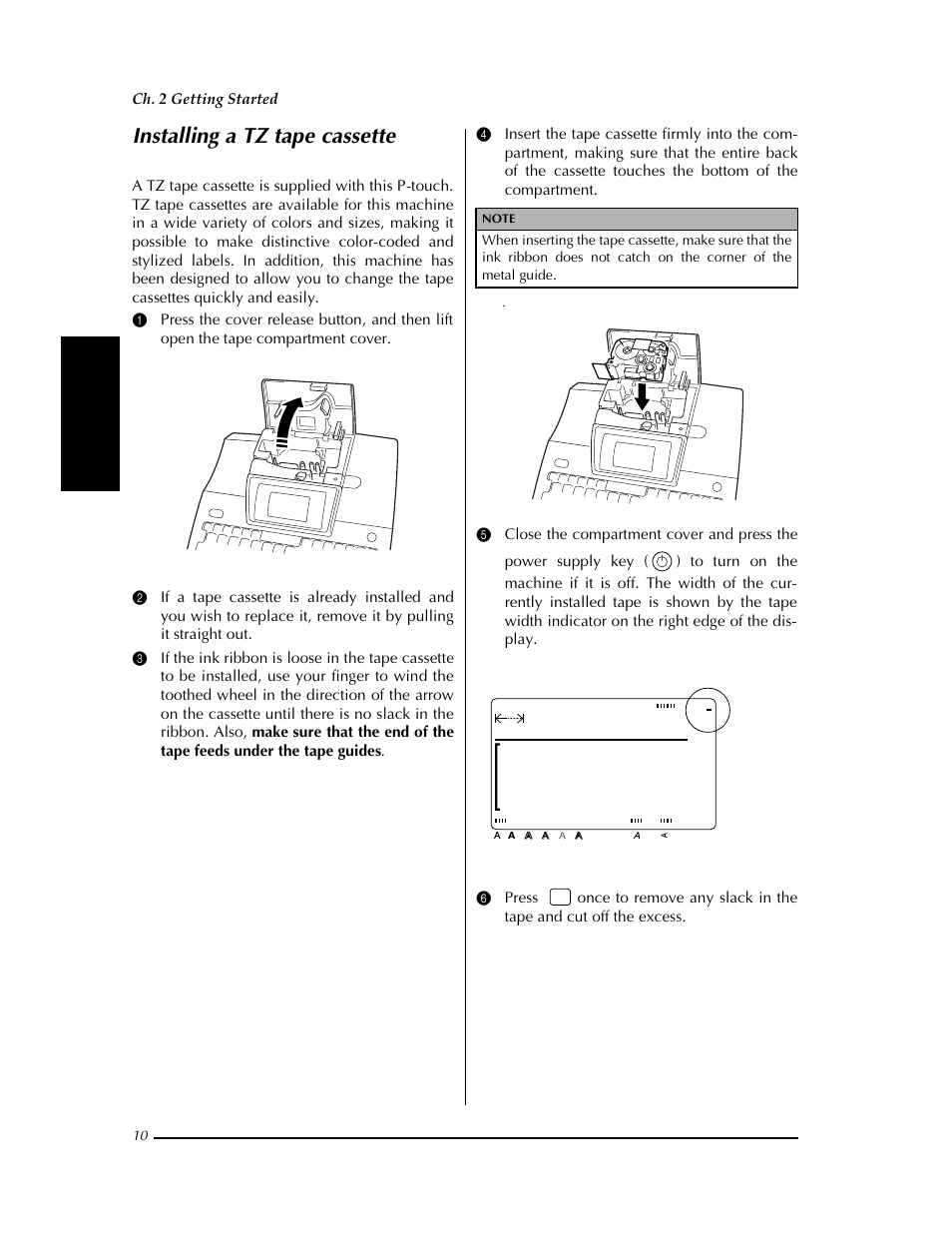 Installing a tz tape cassette, P. 10, Margin:wide auto 0.0" helsi | Ch. 2 getting started, Gett in g s tar ted | Brother PT-9400 User Manual | Page 17 / 150