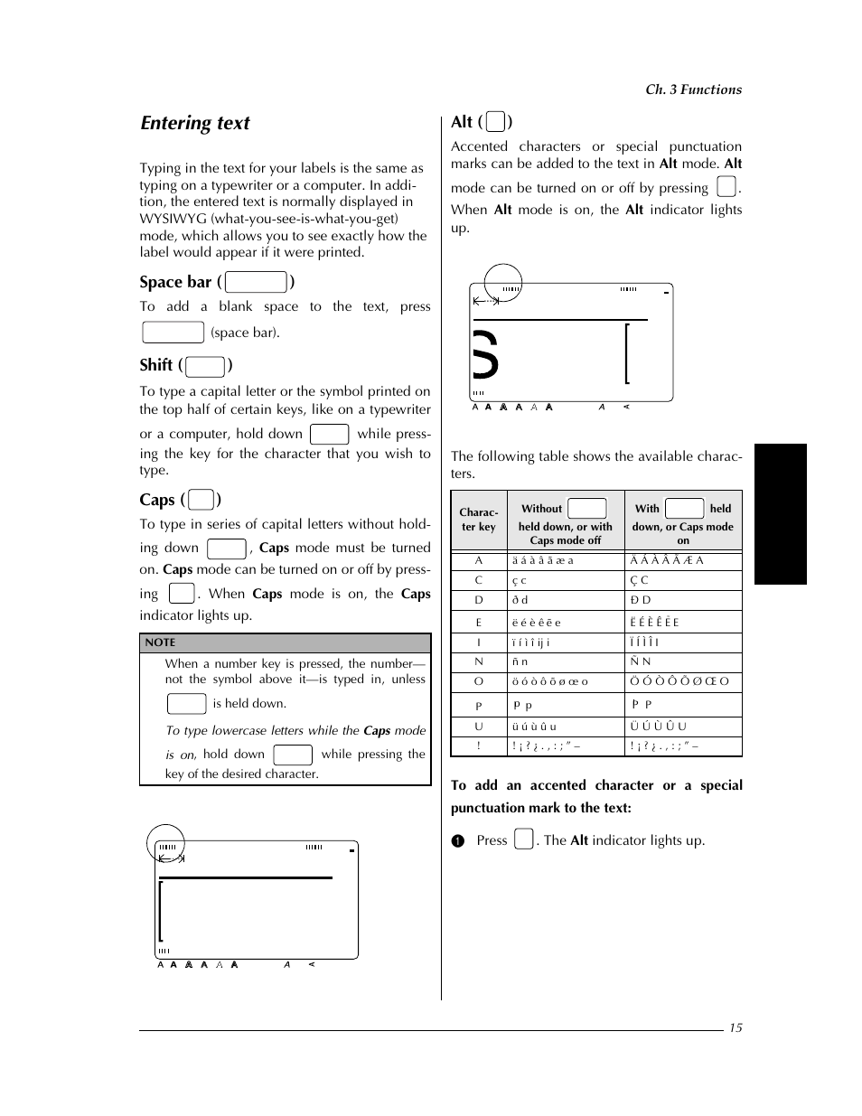 Entering text, P. 15, Ey ➩ p. 15 | Ouffl, Space bar ( ), Shift ( ), Caps ( ), Alt ( ), Margin:wide auto 0.0" helsi, Margin:wide auto 4.6" helsi | Brother PT-9400 User Manual | Page 22 / 150