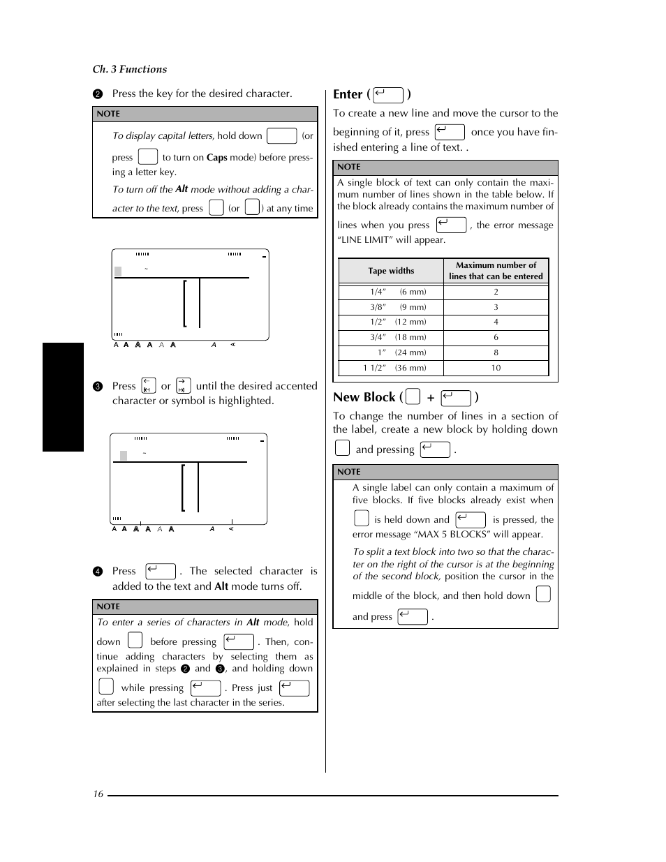 N (➩ p. 16), yo, On ➩ p. 16, Uffl л | Uffl й, Enter ( ), New block ( + ), Лéèêee, Лй èêee | Brother PT-9400 User Manual | Page 23 / 150