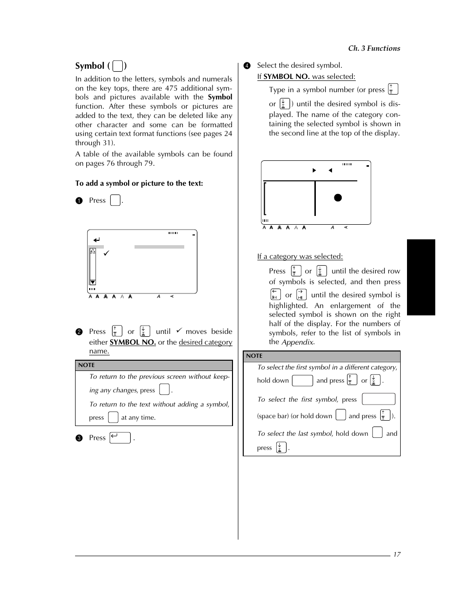 P. 17), P. 17, Symbol ( ) | Confirm, Punctuation select no. 1 | Brother PT-9400 User Manual | Page 24 / 150