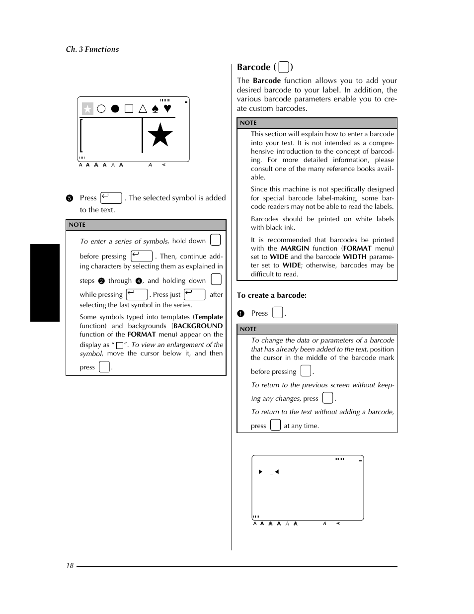 Y ➩ p. 18, Barcode ( ), Protocol:code39 | Format]:parameter [symbol]:special character, Ch. 3 functions, 5 press . the selected symbol is added to the text | Brother PT-9400 User Manual | Page 25 / 150