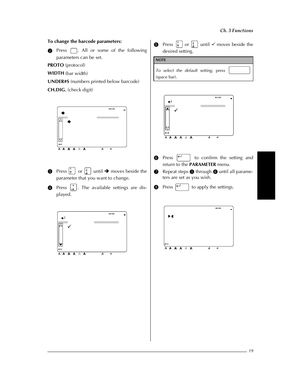 Change settings, Confirm, Protocol:codabar | Format]:parameter [symbol]:special character, Ch. 3 functions, Fu nc ti on s | Brother PT-9400 User Manual | Page 26 / 150