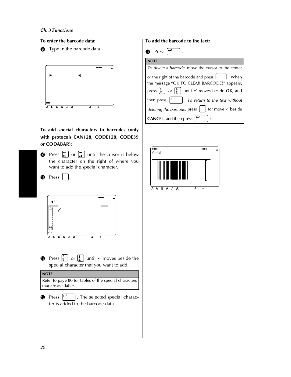 Format]:parameter [symbol]:special character, Confirm, Special chara. symbol 1 + symbol 2 | Margin:wide auto 4.1" helsi, Ch. 3 functions, Fu nc ti o n s | Brother PT-9400 User Manual | Page 27 / 150