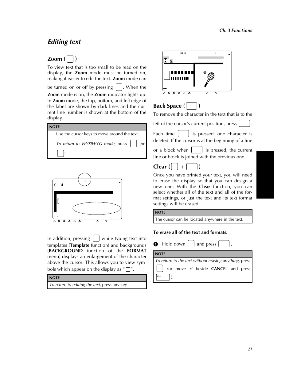 Editing text, P. 21, Ey ➩ p. 21 | Zoom ( ), Back space ( ), Clear ( + ), Margin:wide auto 5.2" bruss, Line: 1/2, Edit text, Ch. 3 functions | Brother PT-9400 User Manual | Page 28 / 150