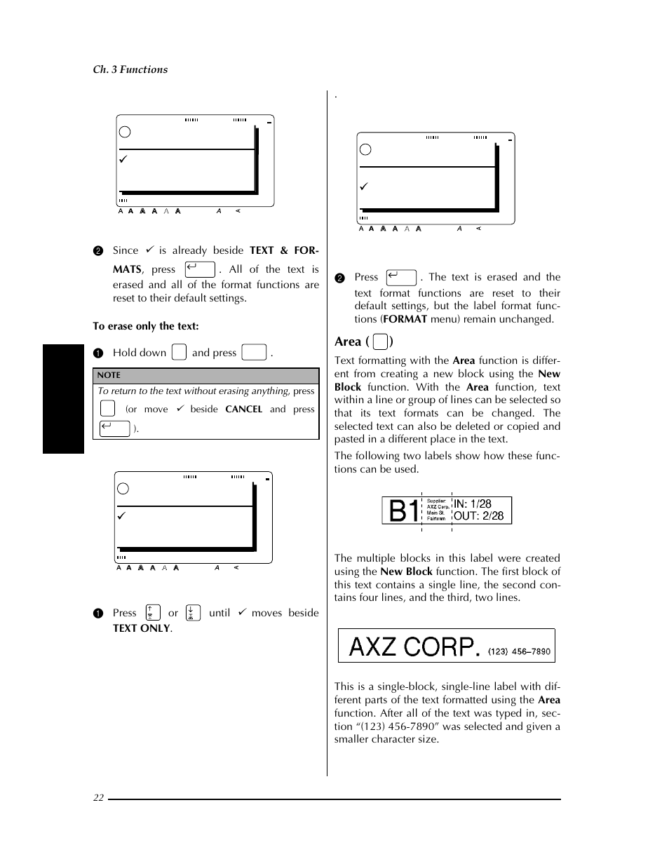 P. 22), y, N (➩ p. 22) to forma, P. 22 | Area ( ), Ok to clear, Text & formats text only cancel text buffer, Ch. 3 functions | Brother PT-9400 User Manual | Page 29 / 150