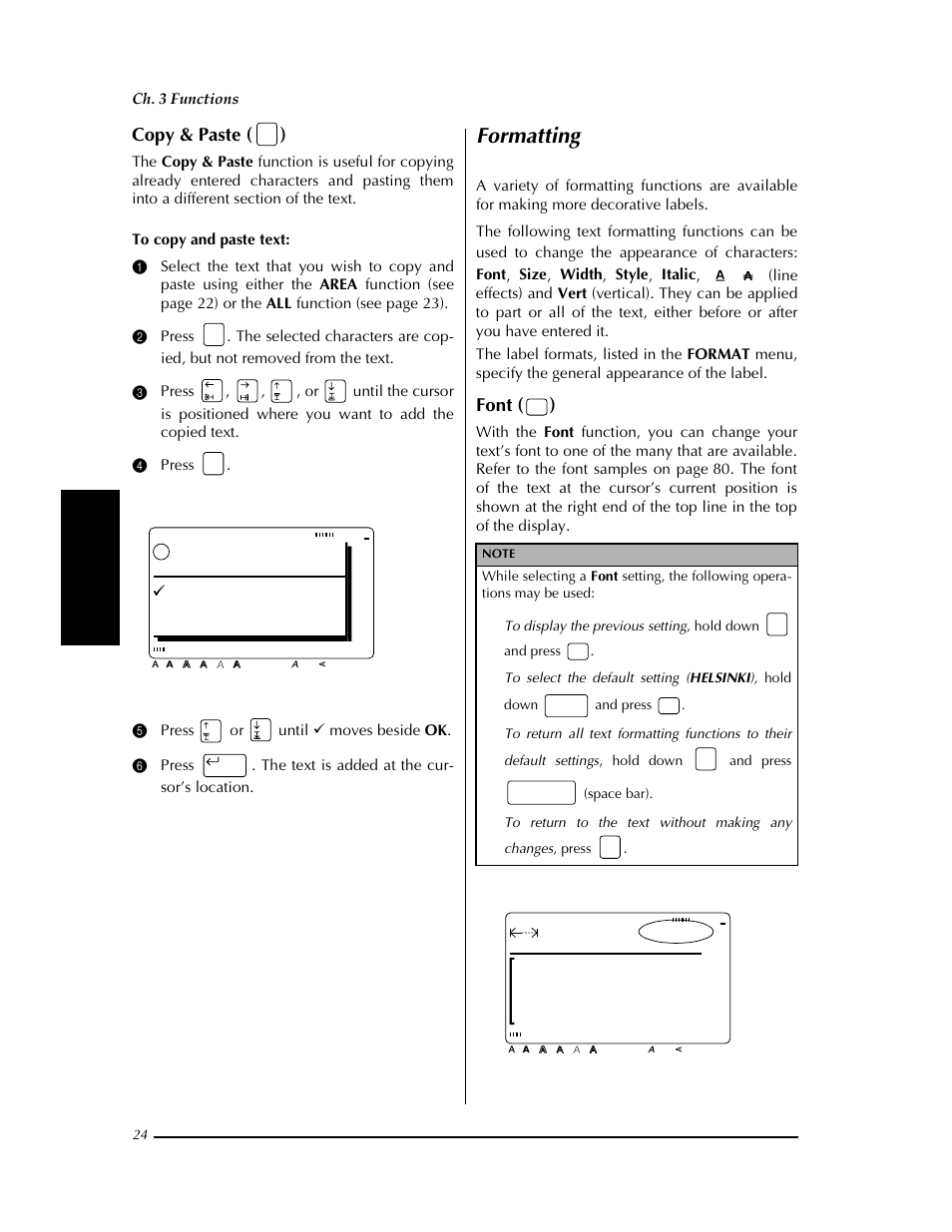 Formatting, P. 24, Copy & paste ( ) | Font ( ), Ok to paste, Ok cancel, Margin:wide auto 0.0" helsi, Ch. 3 functions | Brother PT-9400 User Manual | Page 31 / 150
