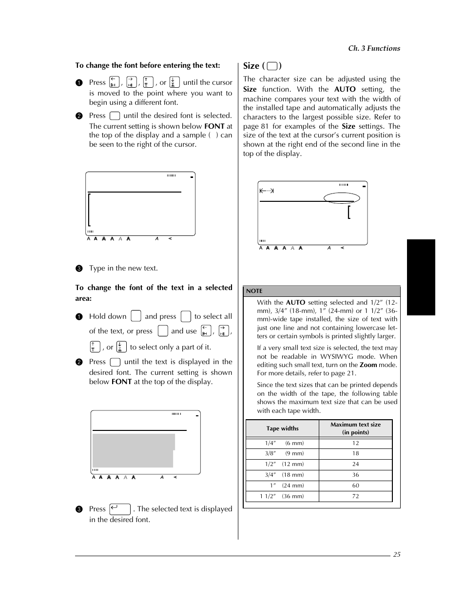 P. 25), P. 25–3, P. 25 | Size ( ), Brussels font, Margin:wide auto 5.3" helsi | Brother PT-9400 User Manual | Page 32 / 150