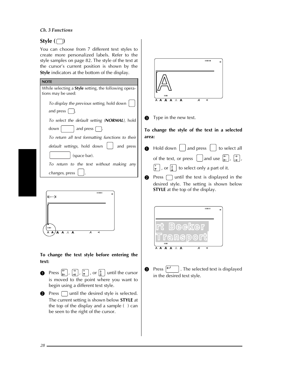 P. 28), Tor ➩ p. 28, P. 28 | Style ( ), Margin:wide auto 0.0" helsi, Outline style, Ch. 3 functions | Brother PT-9400 User Manual | Page 35 / 150