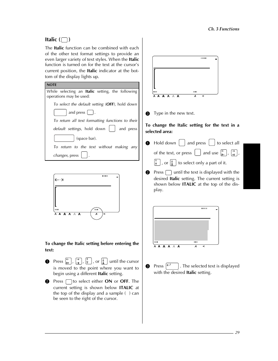 P. 29, Italic ( ), Margin:wide auto 0.0" helsi | On italic, Ch. 3 functions | Brother PT-9400 User Manual | Page 36 / 150