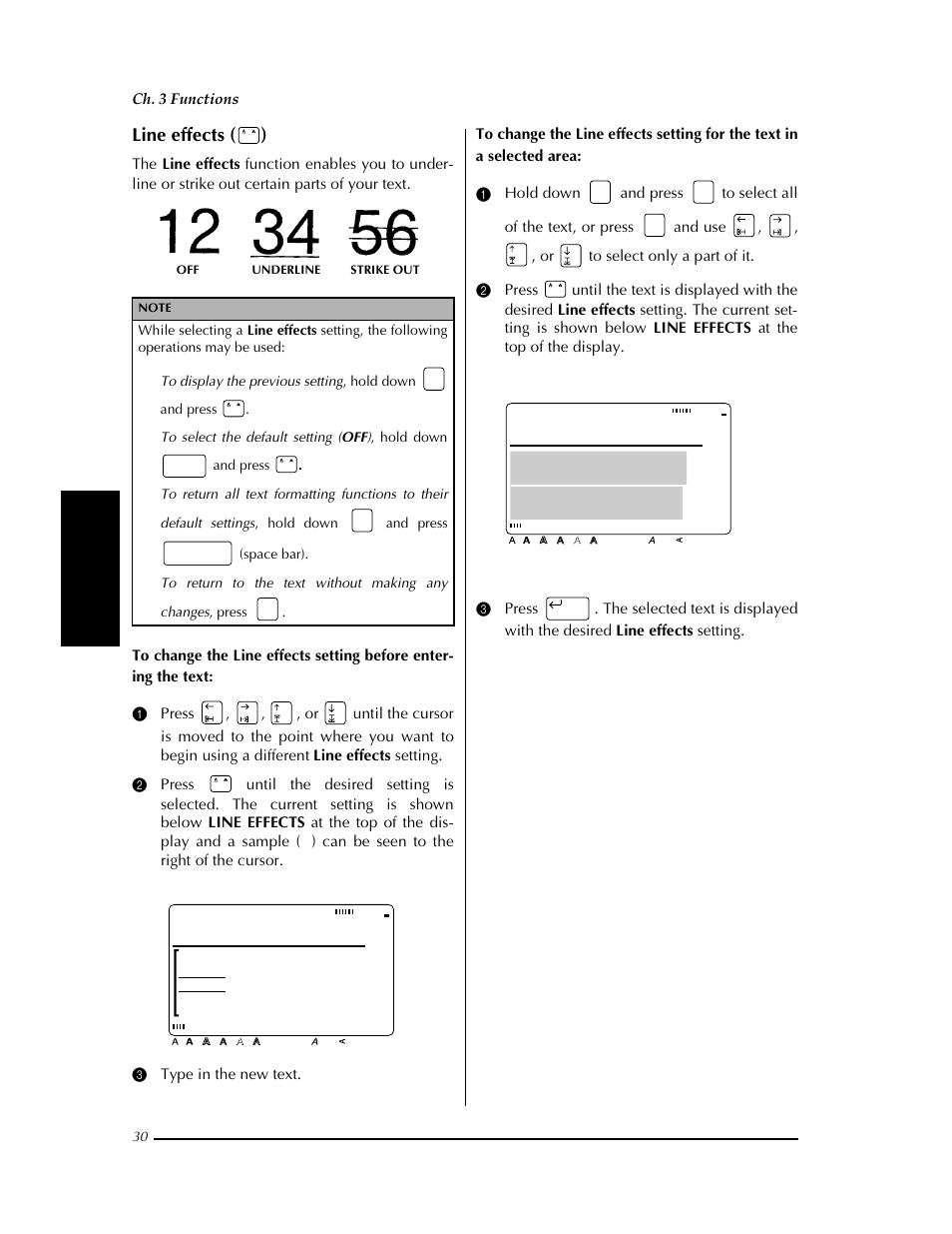 P. 30, Line effects ( ), Strike out line effects | Underline line effects | Brother PT-9400 User Manual | Page 37 / 150