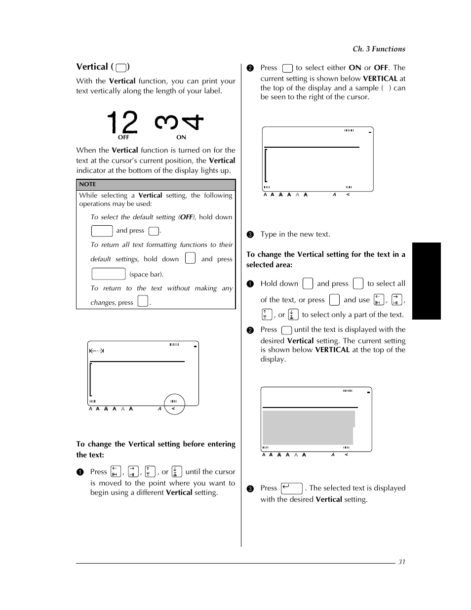N (➩ p. 31), Or ➩ p. 31, P. 31 | Through 31, Vertical ( ), Margin:wide auto 0.0" helsi, On vertical | Brother PT-9400 User Manual | Page 38 / 150