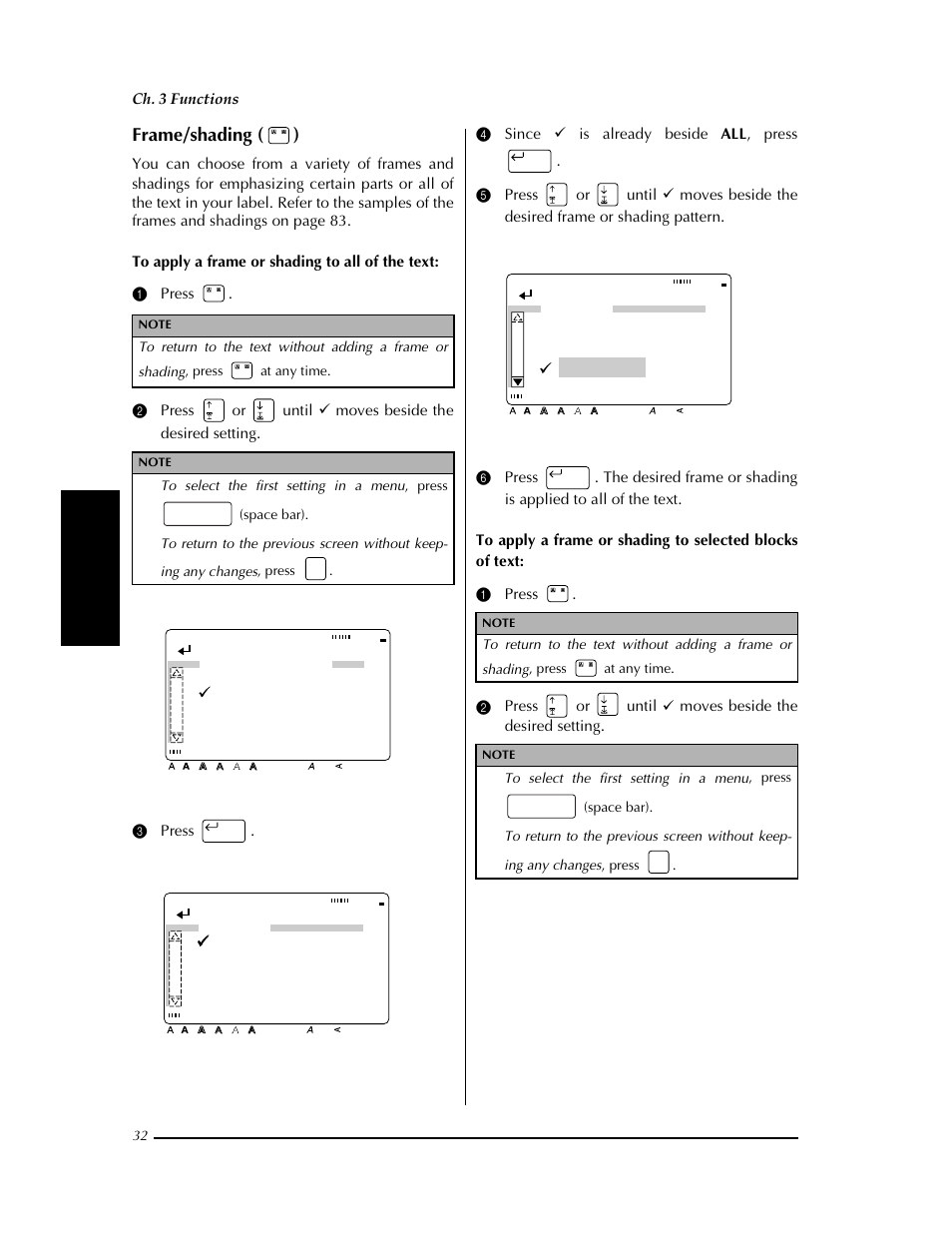 P. 32), N (➩ p. 32, Ey ➩ p. 32 | Frame/shading ( ), Confirm, Frame/shading frame shading, Shading all block line character, Shading, Ch. 3 functions | Brother PT-9400 User Manual | Page 39 / 150