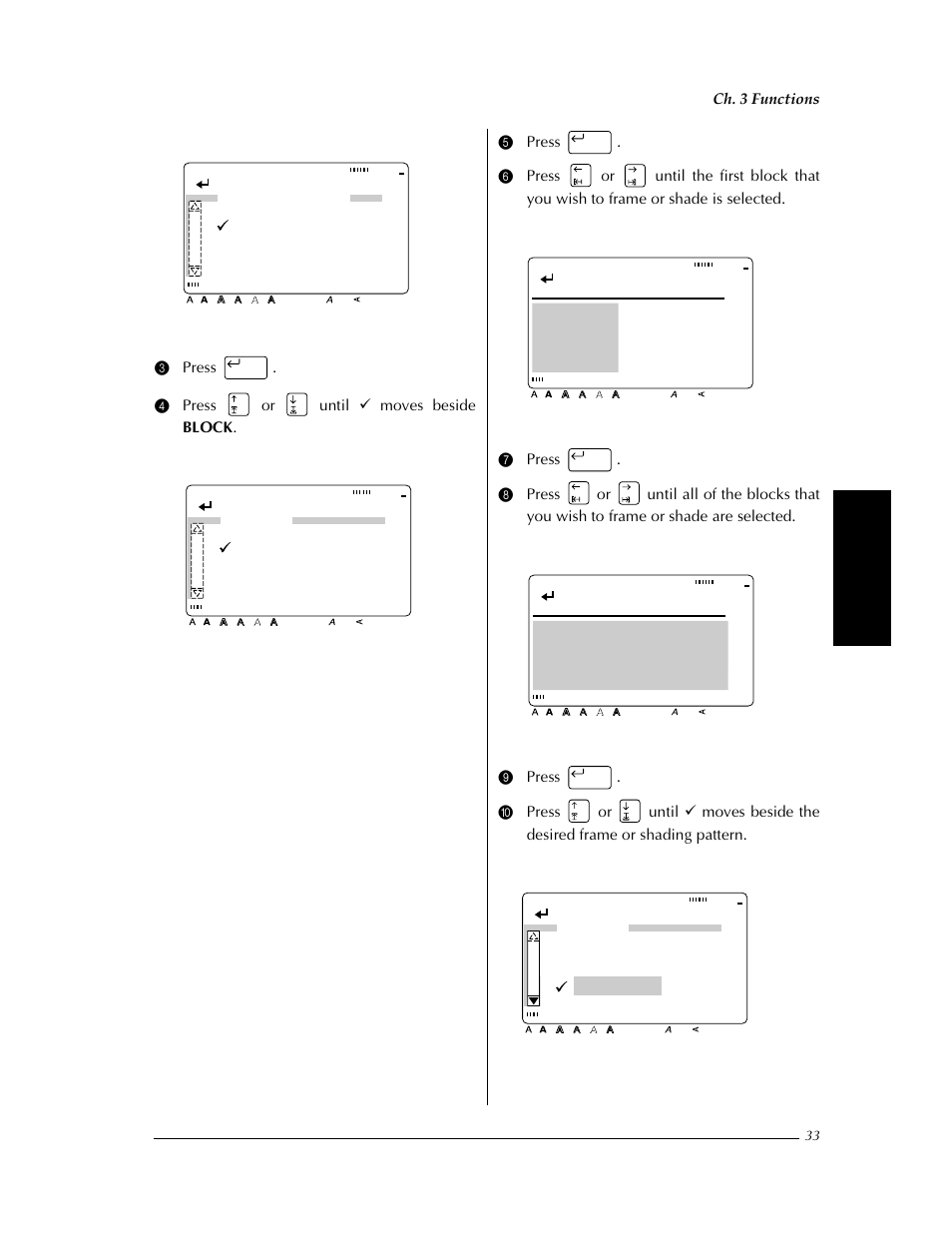 Confirm, Frame/shading frame shading, Shading all block line character | Select start point, Select end point, Shading, Ch. 3 functions | Brother PT-9400 User Manual | Page 40 / 150