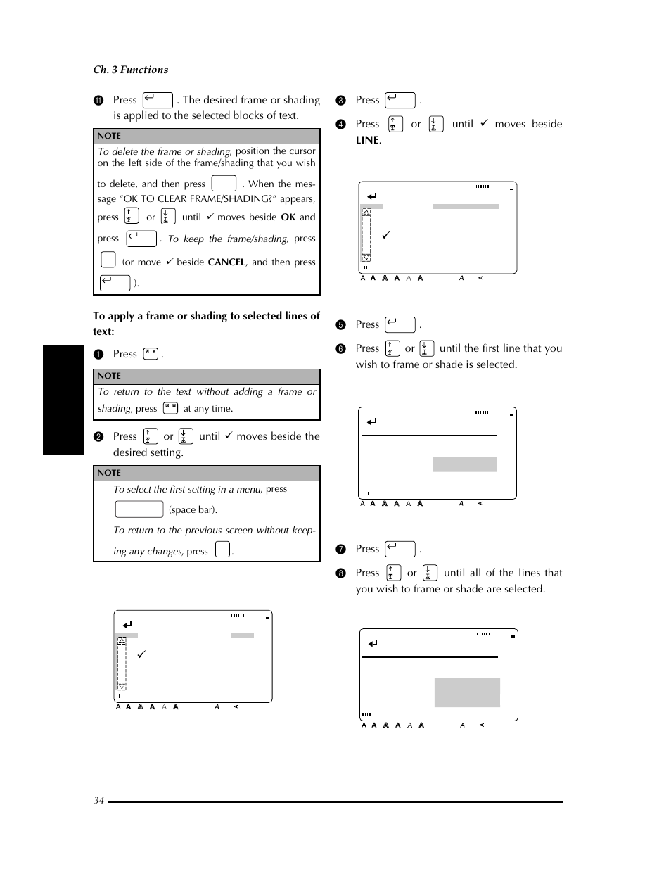 Confirm, Frame/shading frame shading, Shading all block line character | Select start point, Select end point, Ch. 3 functions | Brother PT-9400 User Manual | Page 41 / 150