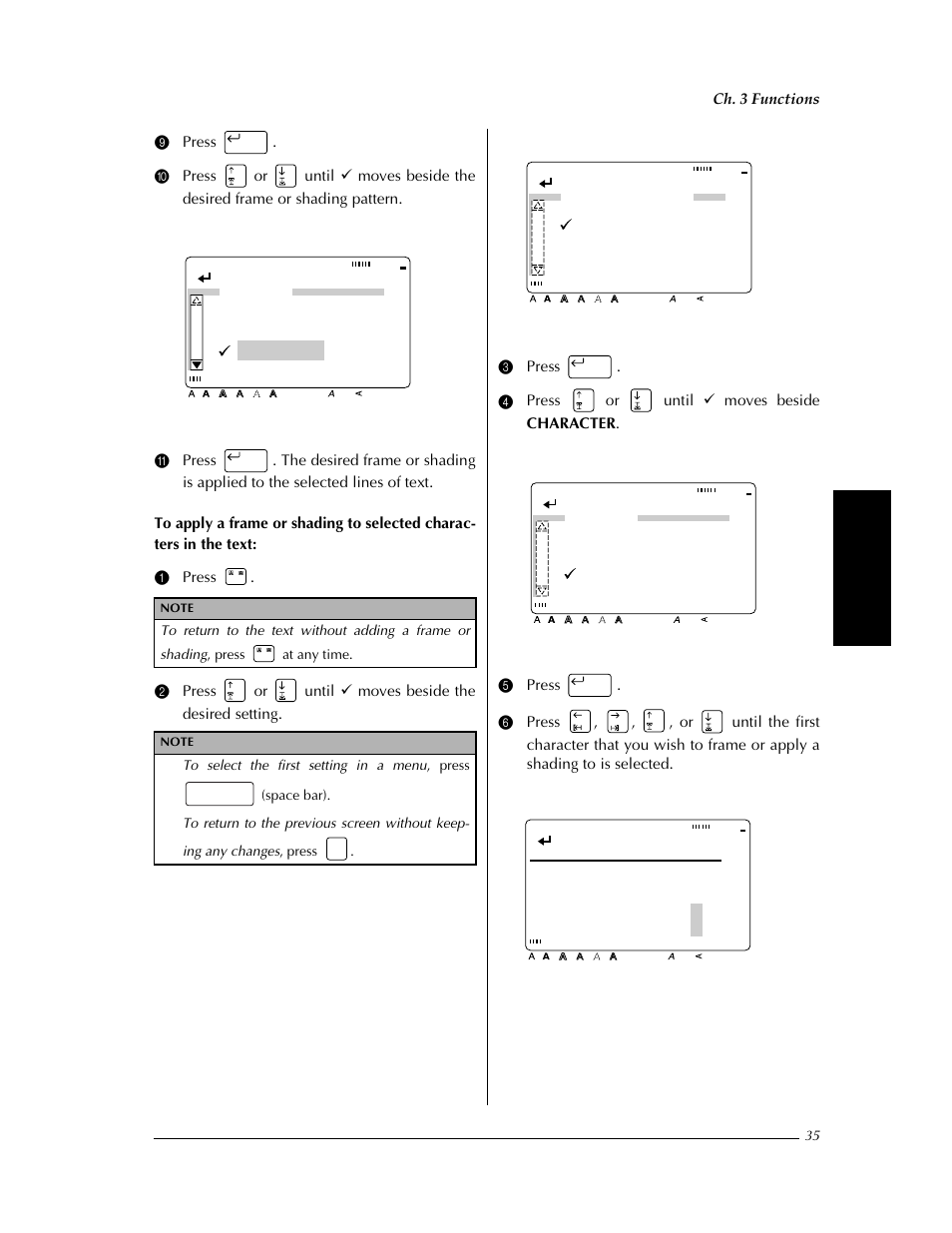 Confirm, Shading, Frame/shading frame shading | Shading all block line character, Select start point, Ch. 3 functions | Brother PT-9400 User Manual | Page 42 / 150