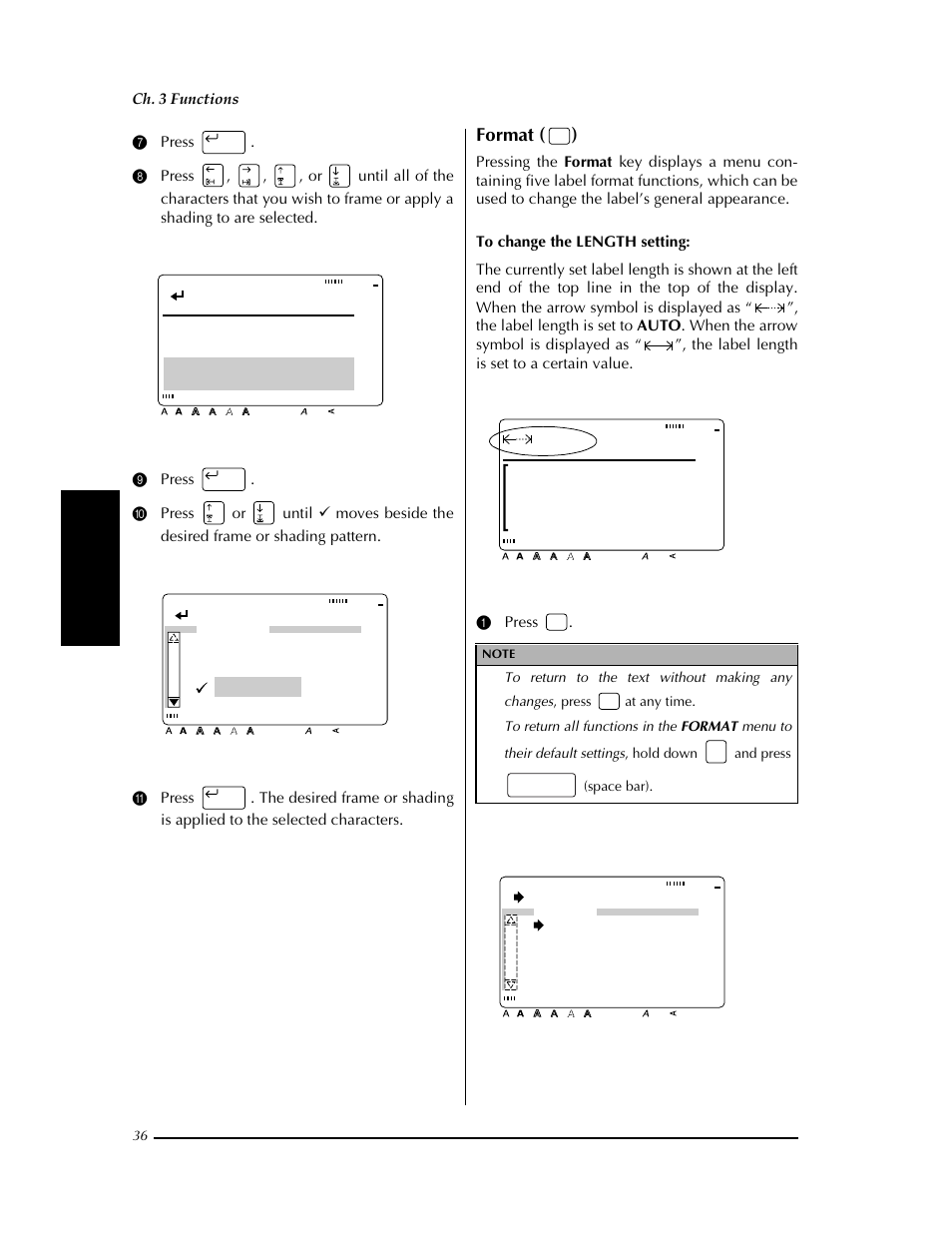 P. 36, Format ( ), Select end point | Confirm, Shading, Margin:wide auto 0.0" helsi, Change settings, Ch. 3 functions | Brother PT-9400 User Manual | Page 43 / 150
