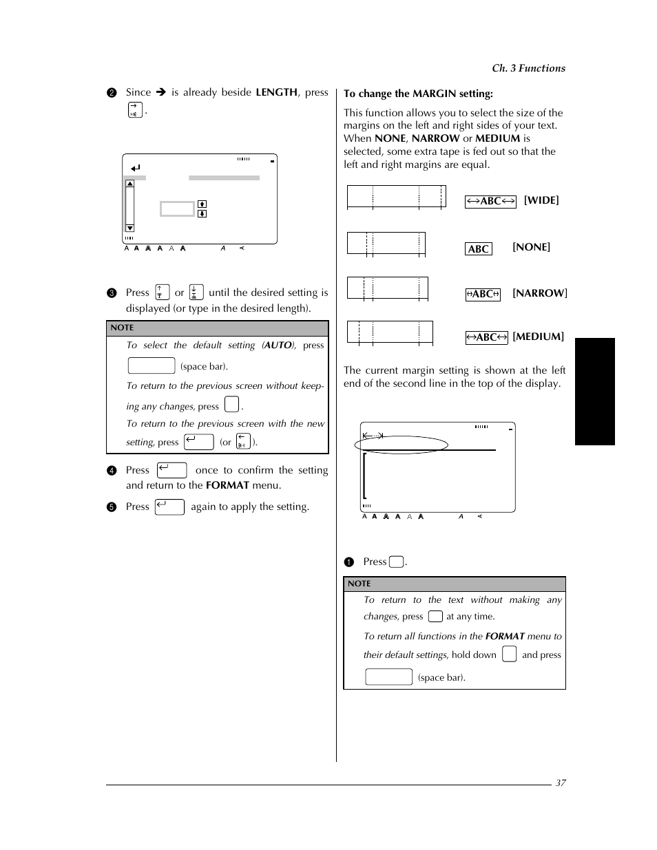 P. 37, Confirm, Length auto inch | Margin:wide auto 0.0" helsi | Brother PT-9400 User Manual | Page 44 / 150