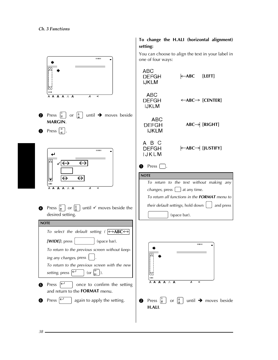 Change settings, Margin abc abc [wide] [none] abc [narrow, Ch. 3 functions | Abc [left] abc [center] abc [right] abc [justify | Brother PT-9400 User Manual | Page 45 / 150