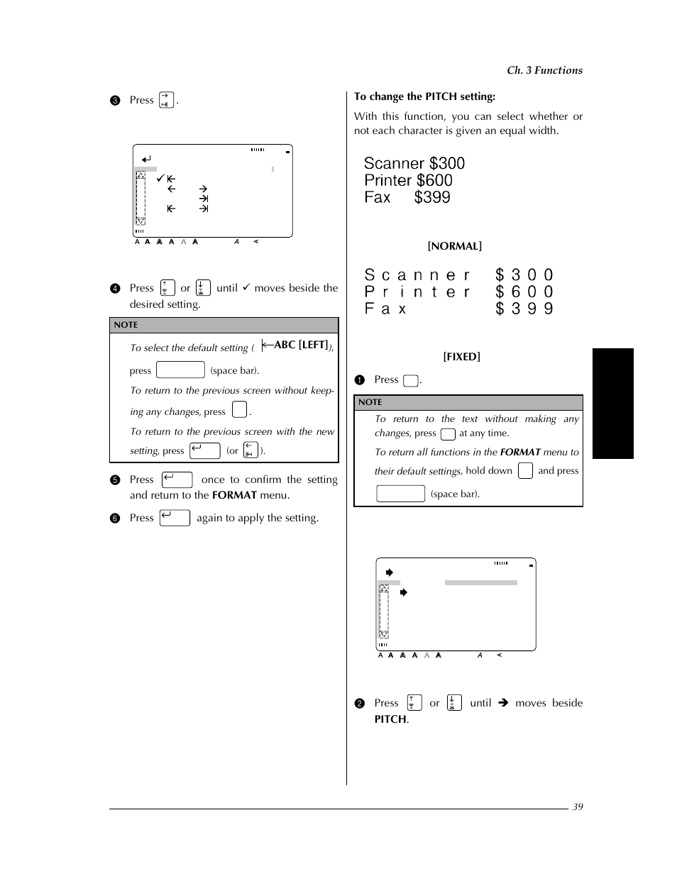 Confirm, Change settings, Ch. 3 functions | Abc [left, Normal] [fixed | Brother PT-9400 User Manual | Page 46 / 150