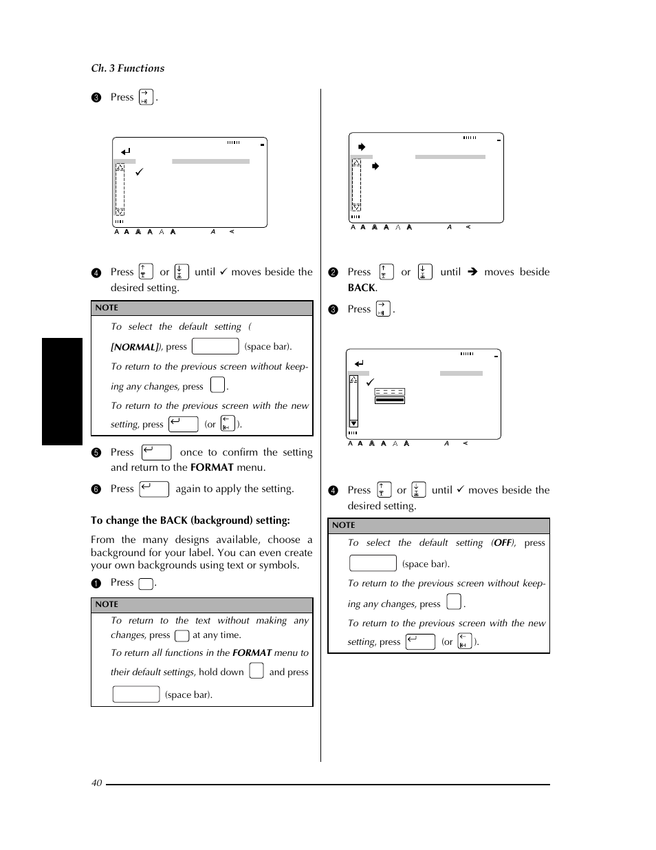 P. 40), P. 40, Hihihi | Confirm, Pitch, Normal, Fixed, Change settings, Background, Ch. 3 functions | Brother PT-9400 User Manual | Page 47 / 150