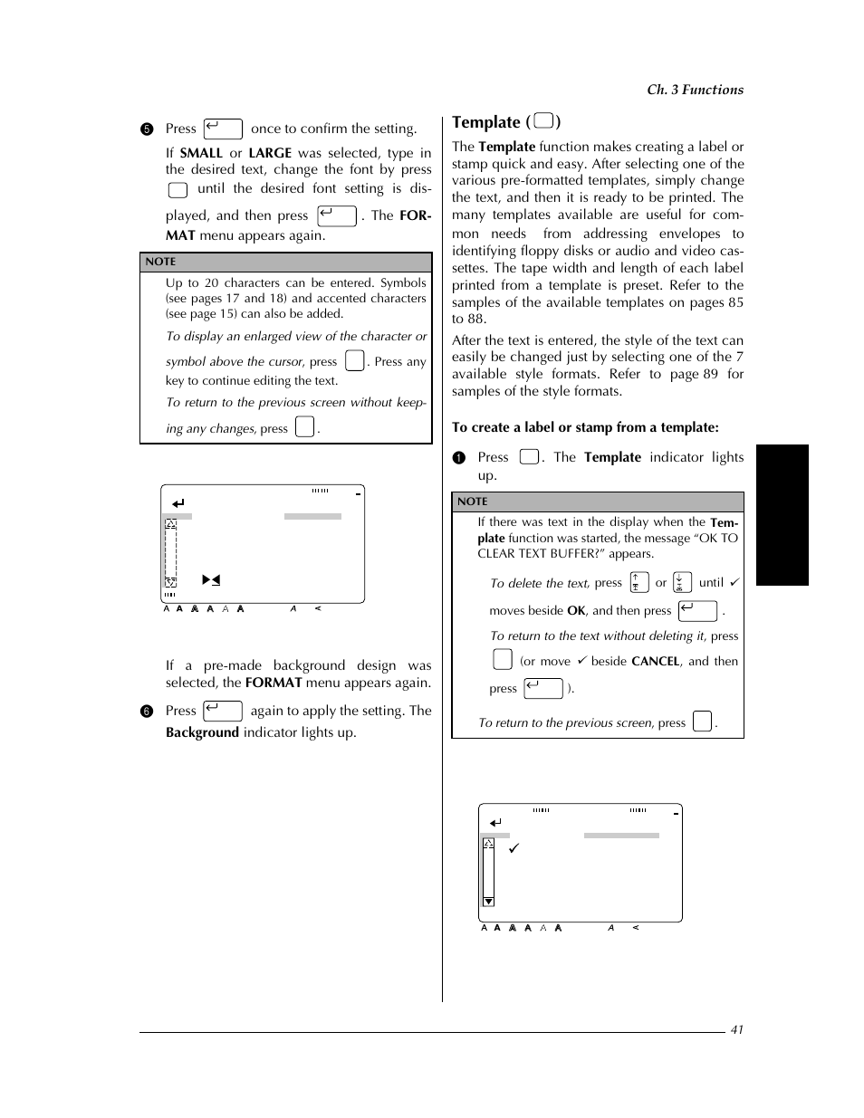 P. 41), P. 41, Template ( ) | Confirm, Background text input (font:helsi), Ch. 3 functions | Brother PT-9400 User Manual | Page 48 / 150