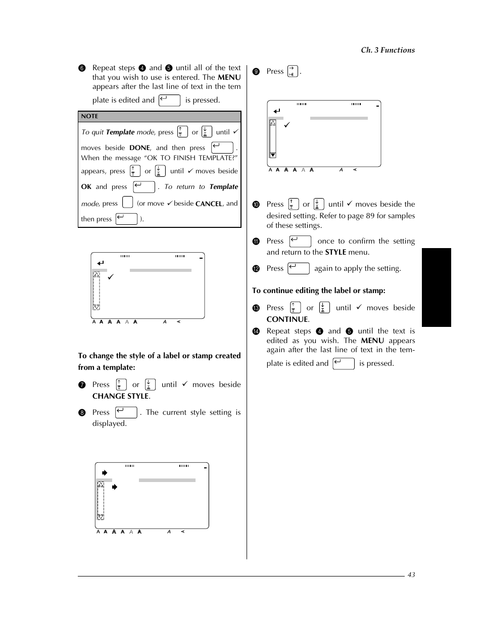 P. 43), Confirm, Menu print done continue change style file | Change settings, Style char.:original [ ]:confirm, Char. original italic dynamic cute formal elegant, Ch. 3 functions | Brother PT-9400 User Manual | Page 50 / 150