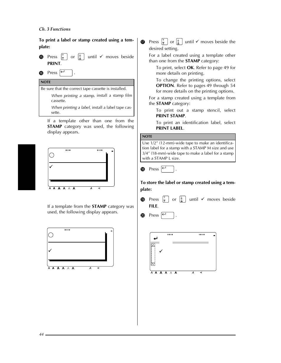 Ok to print, Ok option cancel ok to print, Print stamp print label cancel | Confirm, File new save as save, Ch. 3 functions | Brother PT-9400 User Manual | Page 51 / 150