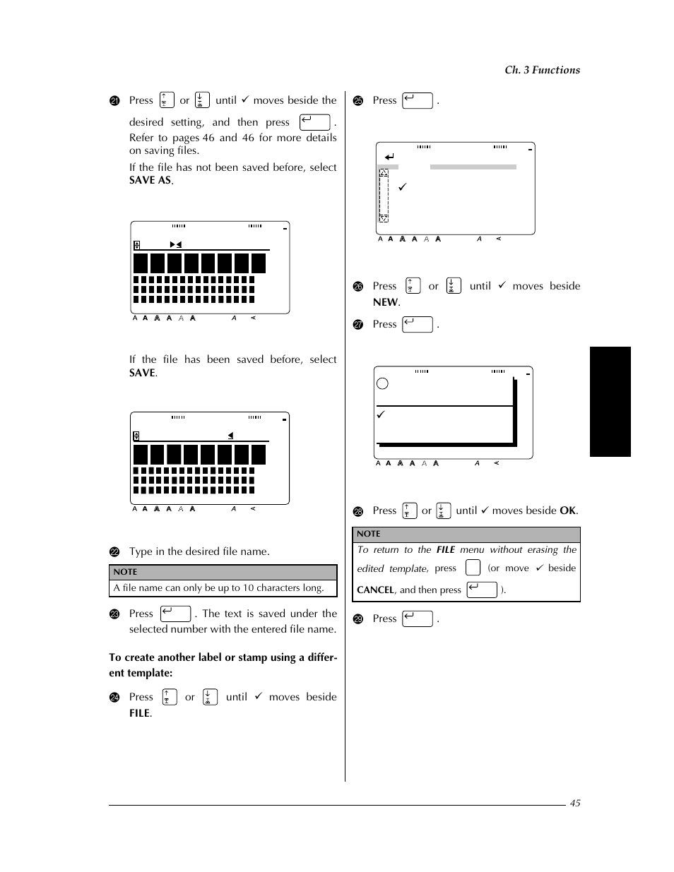 Input file name, Address input file name, Confirm | File new save as save, Ok to clear, Ok clear edited template, Ch. 3 functions, Fu nc ti on s, A file name can only be up to 10 characters long | Brother PT-9400 User Manual | Page 52 / 150