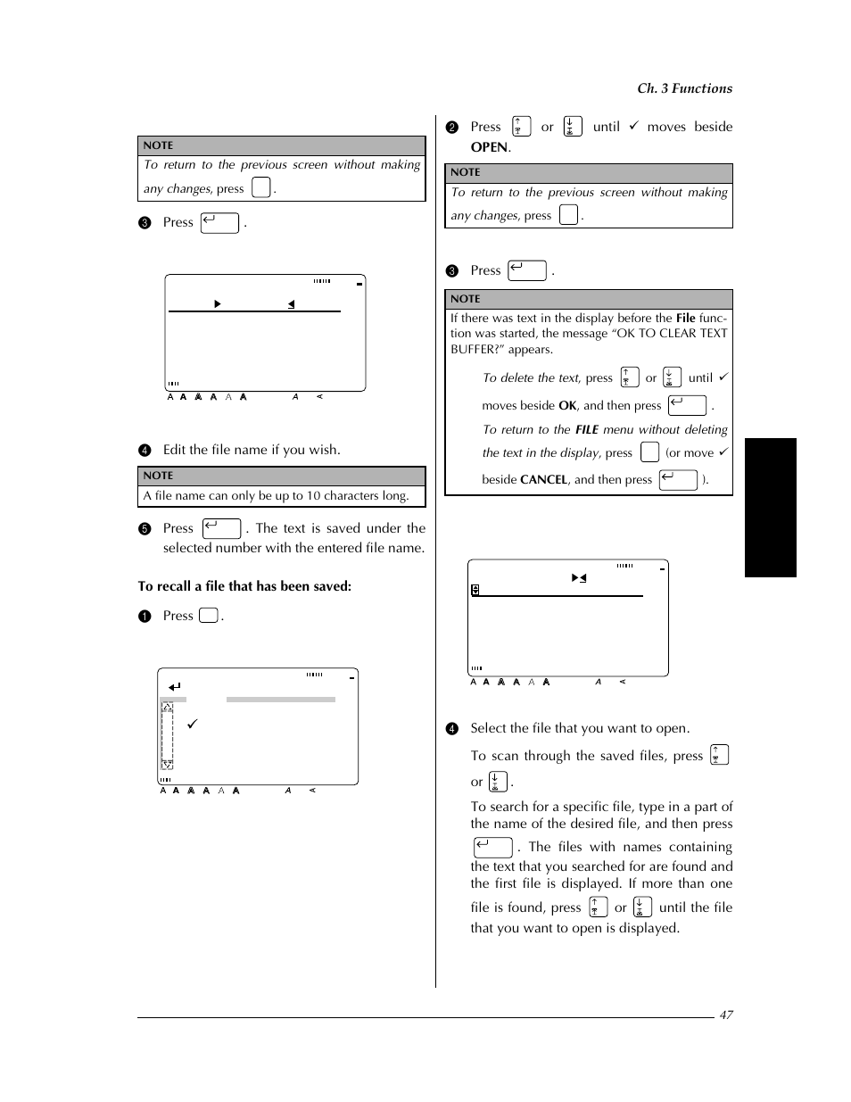 Address input file name, Confirm, File new save as save open delete | Address search for, Ch. 3 functions | Brother PT-9400 User Manual | Page 54 / 150