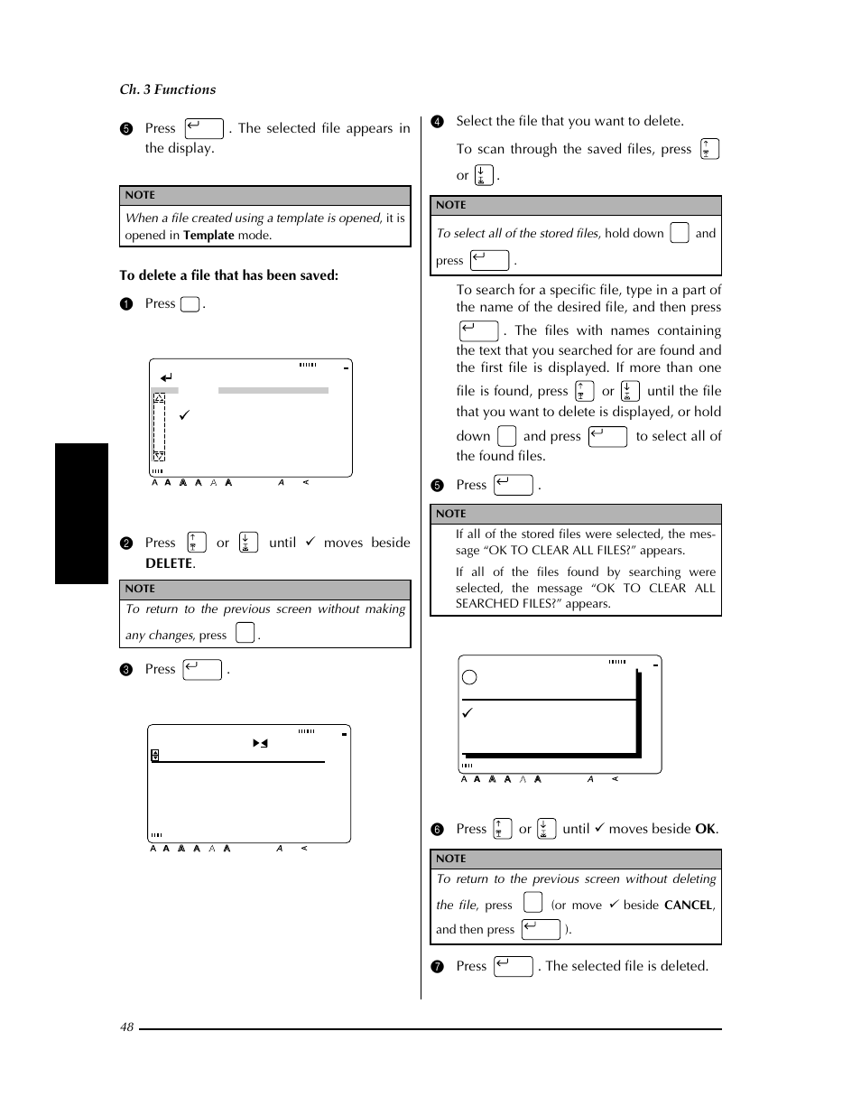 Confirm, File new save as save open delete, Address search for | Ok to clear the, Ok cancel file, Ch. 3 functions | Brother PT-9400 User Manual | Page 55 / 150