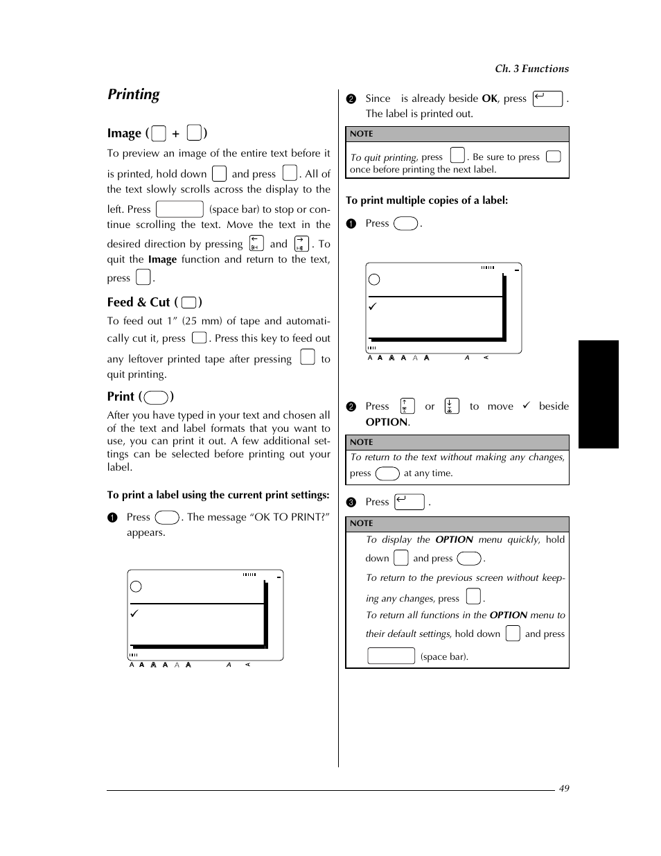 Printing, Y ➩ p. 49, Ey ➩ p. 49 | P. 49, Image ( + ), Feed & cut ( ), Print ( ), Ok to print, Ok option cancel, Ch. 3 functions | Brother PT-9400 User Manual | Page 56 / 150