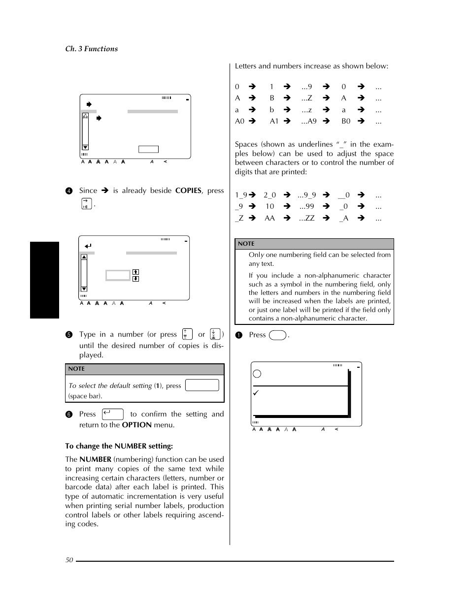 On (➩ p. 50), Change settings, Copies 1 | Ok to print, Ok option cancel | Brother PT-9400 User Manual | Page 57 / 150