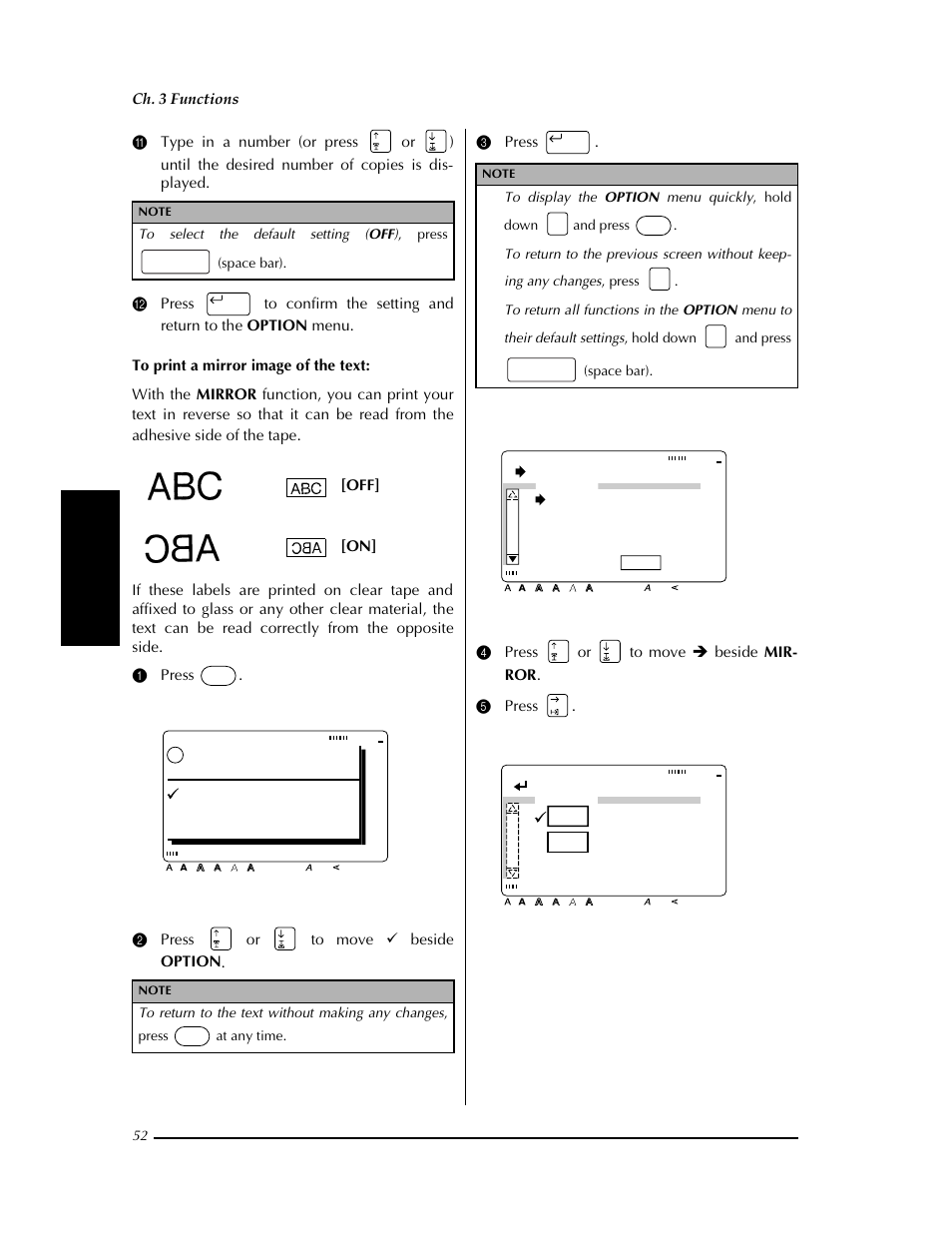 N (➩ p. 52, Ok to print, Ok option cancel | Change settings, Mirror abc [off] [on] abc, Ch. 3 functions, 4 press or to move î beside mir- ror . 5 press, Off] [on | Brother PT-9400 User Manual | Page 59 / 150