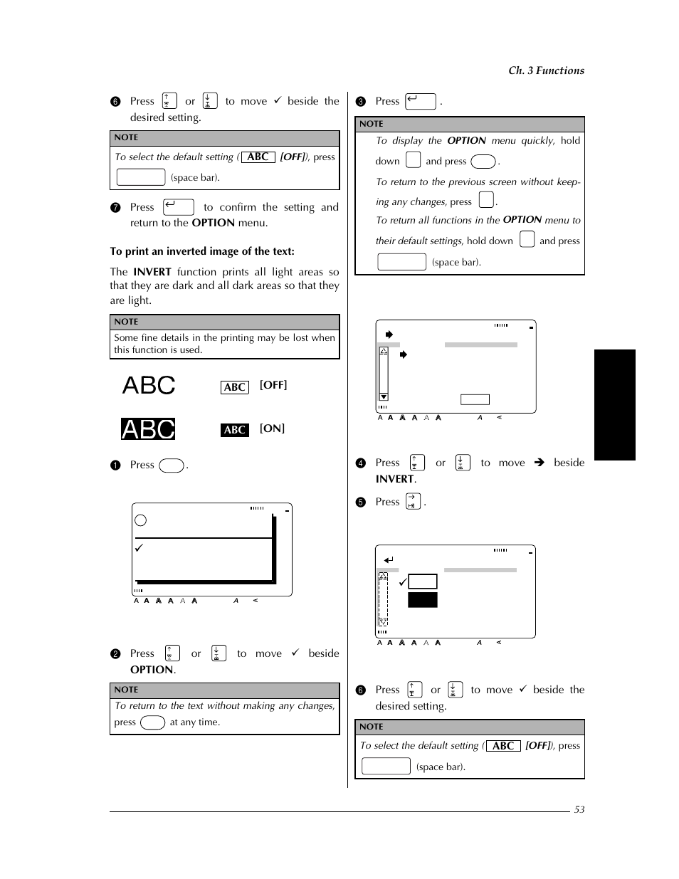 Ht (➩ p. 53), Ok to print, Ok option cancel | Change settings, Invert abc [off] [on] abc | Brother PT-9400 User Manual | Page 60 / 150