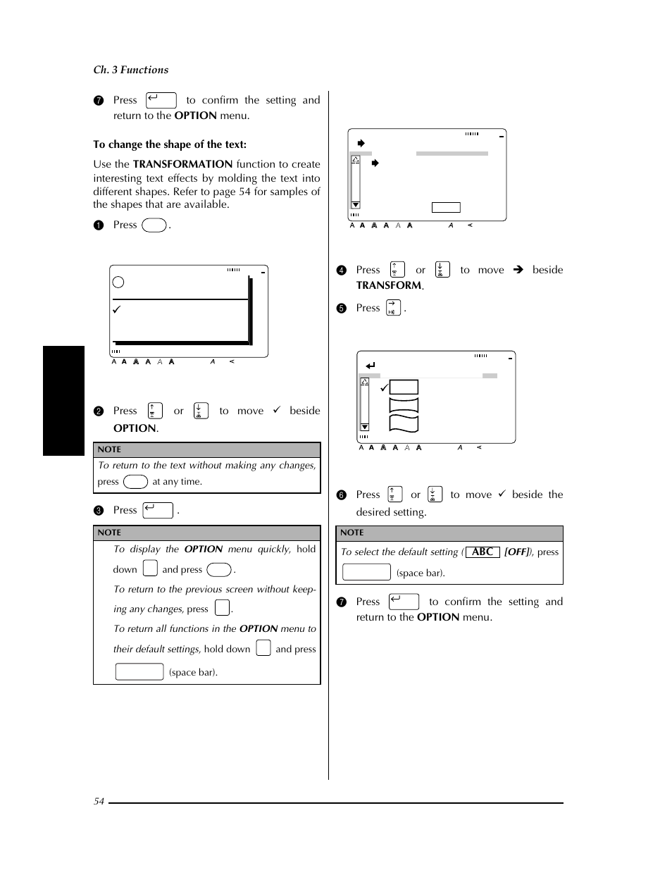 On (➩ p. 54, Ok to print, Ok option cancel | Change settings, Transformation [off] abc abc abc, Ch. 3 functions | Brother PT-9400 User Manual | Page 61 / 150