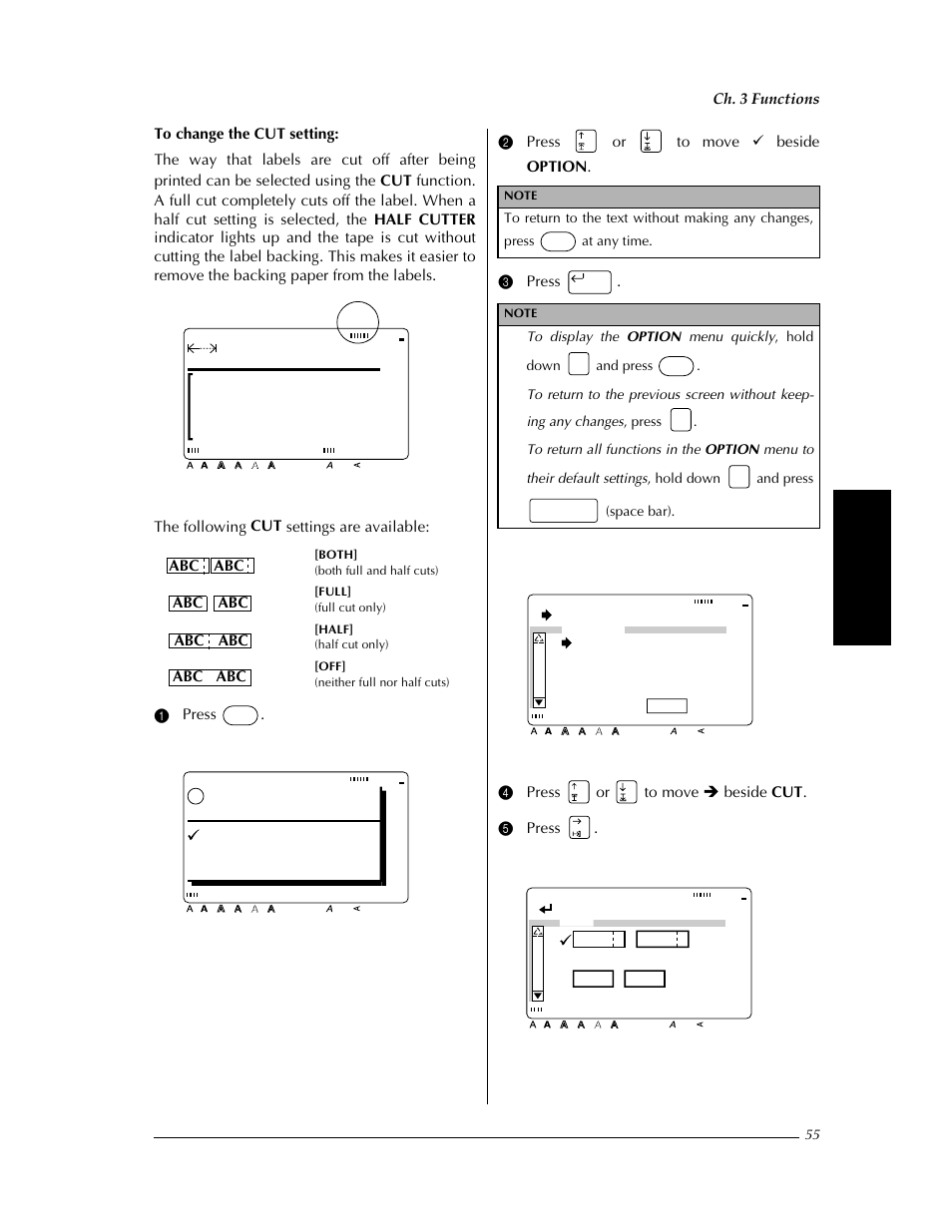 P. 55, Margin:wide auto 0.0" helsi, Ok to print | Ok option cancel, Change settings, Cut [both] abc abc abc abc [full, Ch. 3 functions, 4 press or to move î beside cut . 5 press, Abc abc, Abc abc abc abc | Brother PT-9400 User Manual | Page 62 / 150