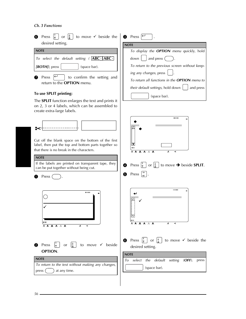 P. 56, Abc1, Ok to print | Ok option cancel, Change settings, Split off 2 ч 3 ч 4 ч | Brother PT-9400 User Manual | Page 63 / 150