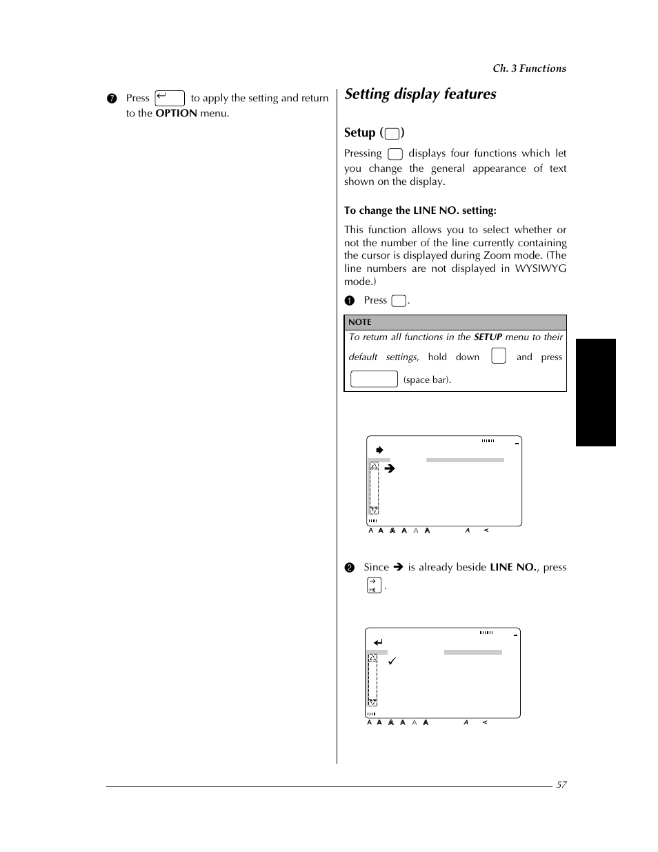Setting display features, Y ➩ p. 57, Setup ( ) | Change settings, Setup, Line no.:on, Contrast: 0, Units :inch, Language: english [ ]:confirm, Line no. on off | Brother PT-9400 User Manual | Page 64 / 150