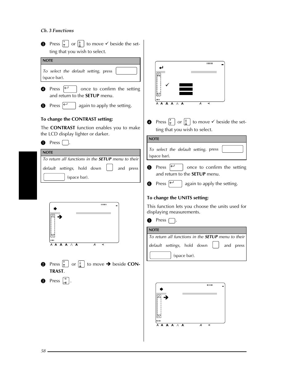 Change settings, Setup, Line no.:on | Contrast: 0, Units :inch, Language: english, Confirm, Ch. 3 functions | Brother PT-9400 User Manual | Page 65 / 150