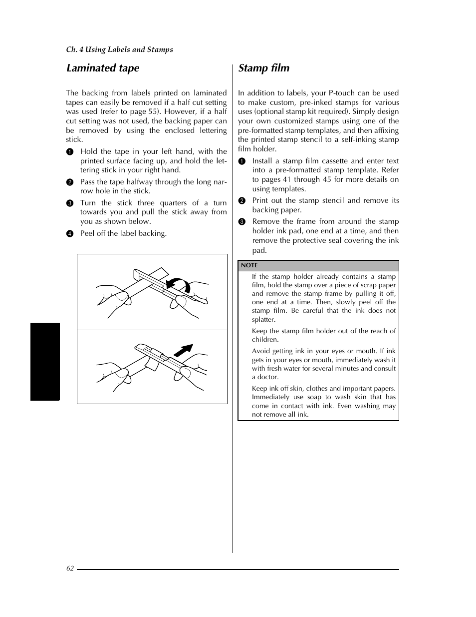 Laminated tape, Stamp film, Laminated tape stamp film | Ch. 4 using labels and stamps | Brother PT-9400 User Manual | Page 69 / 150