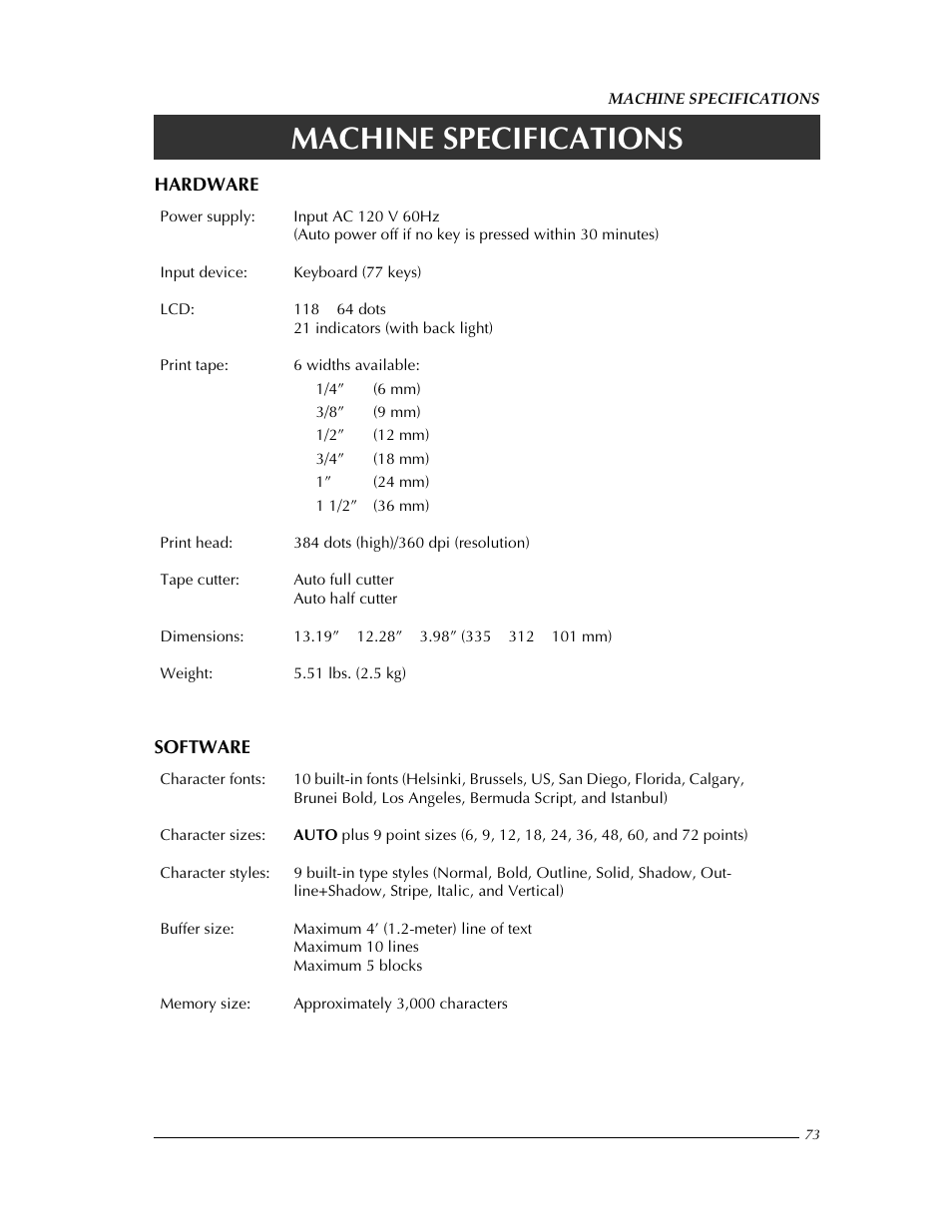 Machine specifications | Brother PT-9400 User Manual | Page 80 / 150