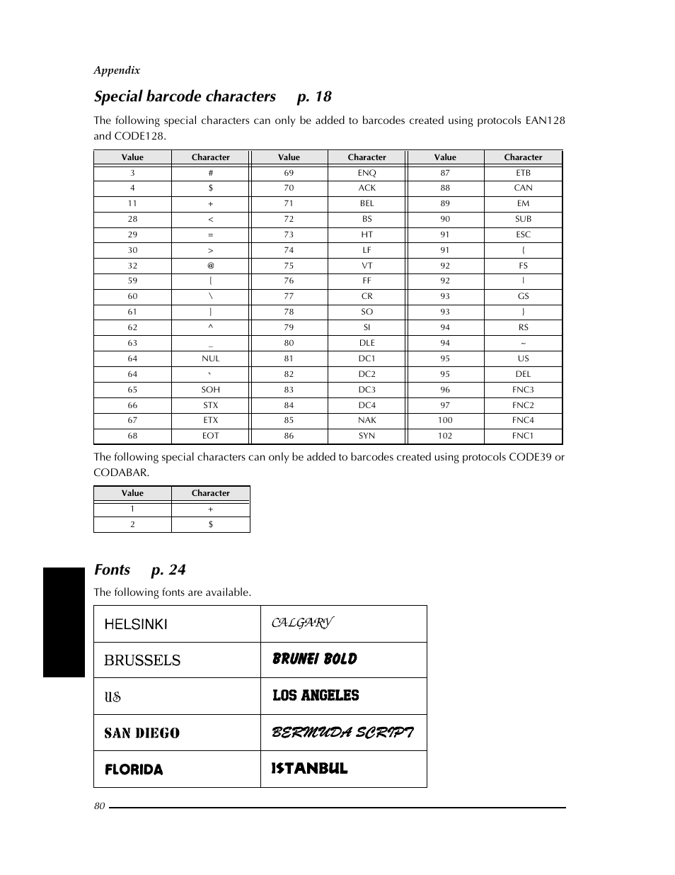 Special barcode characters, Fonts, Special barcode characters fonts | Special barcode characters ➩ p. 18, Fonts ➩ p. 24 | Brother PT-9400 User Manual | Page 87 / 150