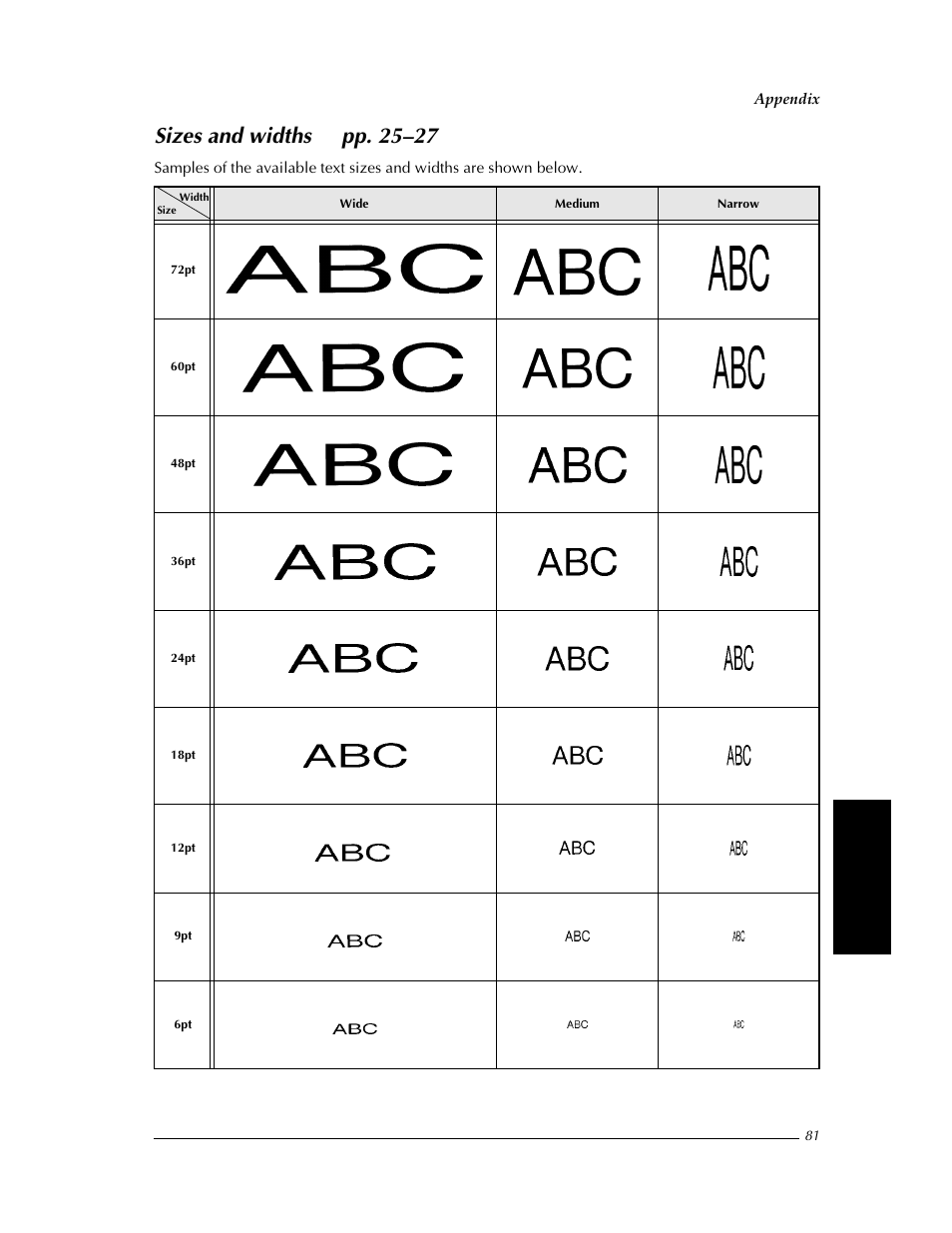 Sizes and widths, Sizes and widths ➩ pp. 25–27 | Brother PT-9400 User Manual | Page 88 / 150