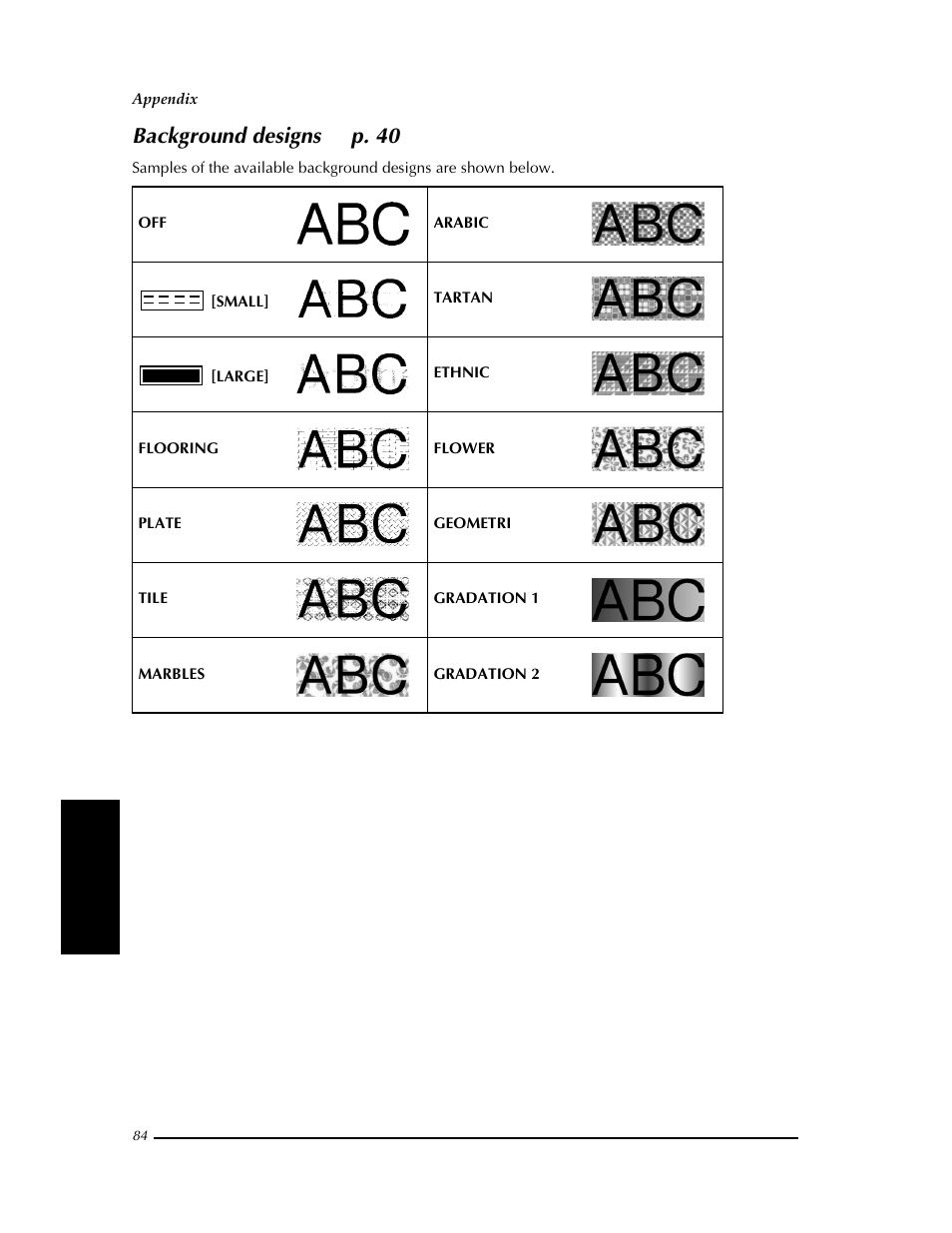 Background designs, Background designs ➩ p. 40 | Brother PT-9400 User Manual | Page 91 / 150