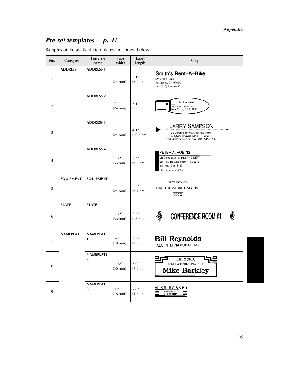 Pre-set templates, Pre-set templates ➩ p. 41 | Brother PT-9400 User Manual | Page 92 / 150