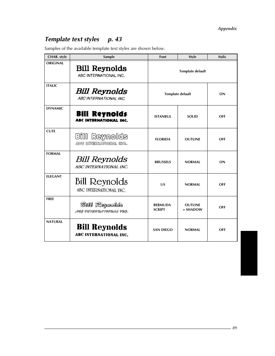 Template text styles, Template text styles ➩ p. 43 | Brother PT-9400 User Manual | Page 96 / 150